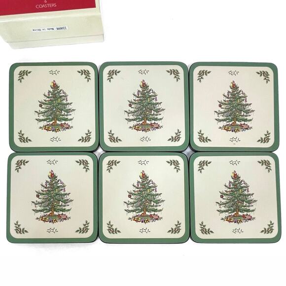 Pimpernel Square Christmas Tree Coasters 6 Cork Backs 4" x 4" Holiday Tableware - Picture 4 of 7